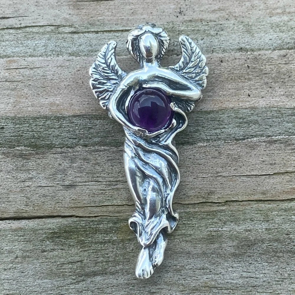 Dream Angel Pendant solid .925 Sterling Silver w/ genuine Amethyst made in USA - Picture 1 of 12